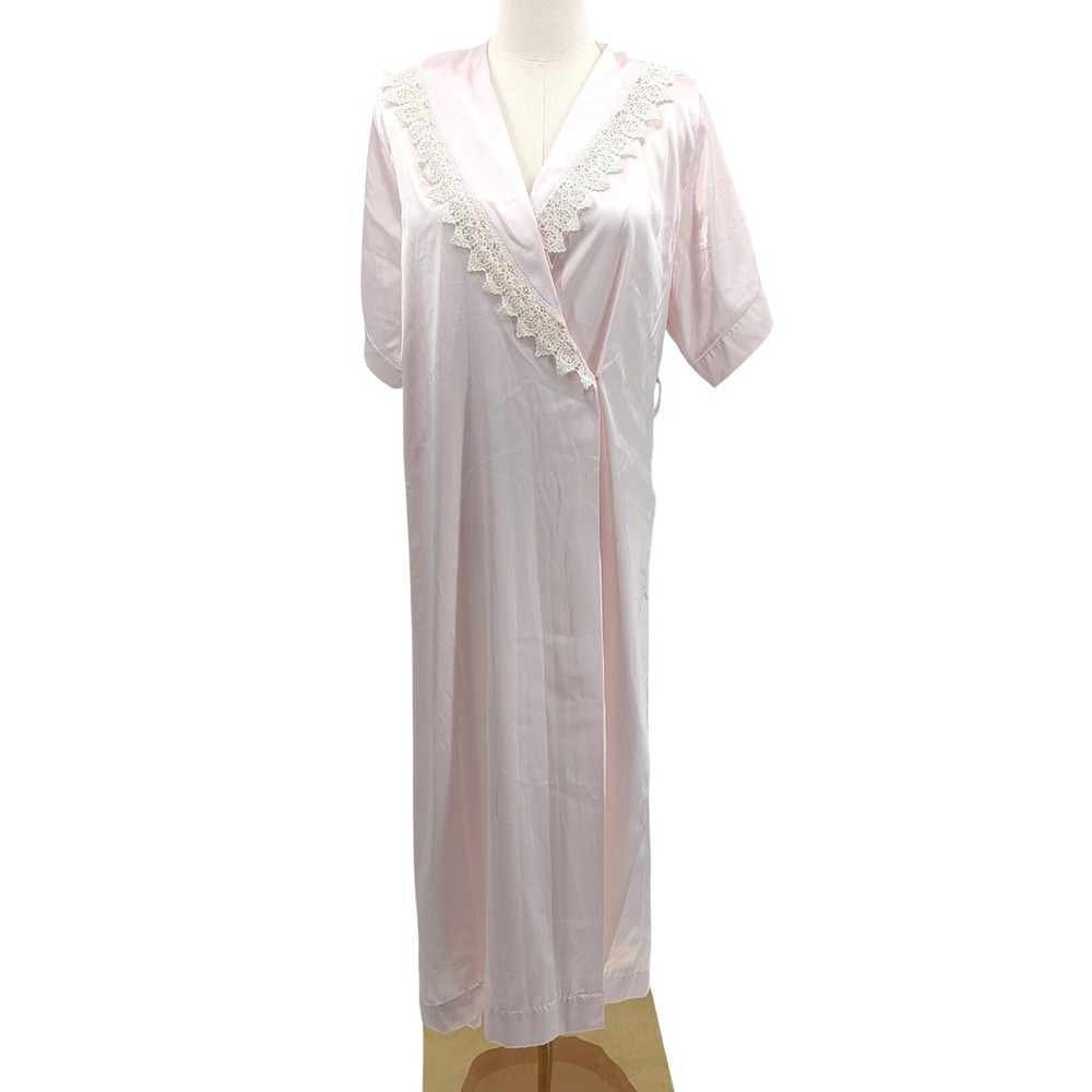 Vintage Pink Satin Robe Womens Lace Trim Long Peignoir Michel Bernard Paris